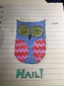 A simplified owl drawing with swirly eyes and the word "HAIL!"
